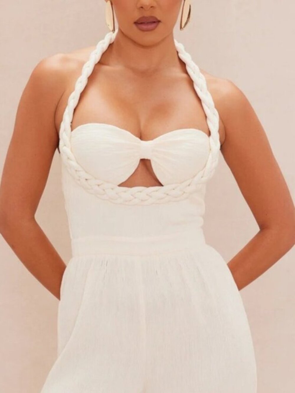 NOVALUXE Chelsea Textured Braided Detail Halter Cream Jumpsuit Wide Leg XL